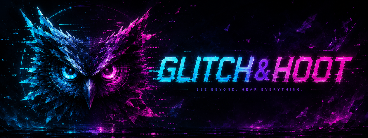 A neon cyan and magenta owl beside the Glitch and Hoot name